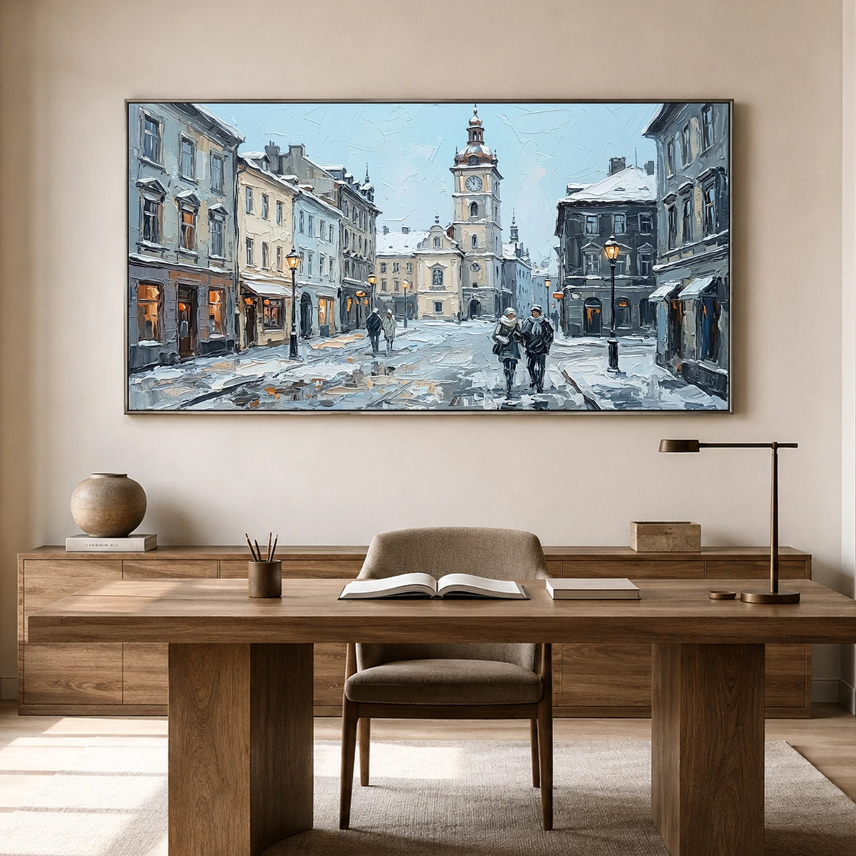 Winter Town Waltz - home office - textured impasto artwork