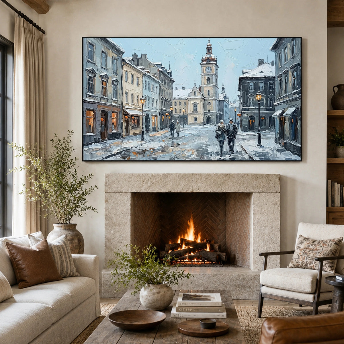 Winter Town Waltz - fireplace lounge - textured impasto artwork