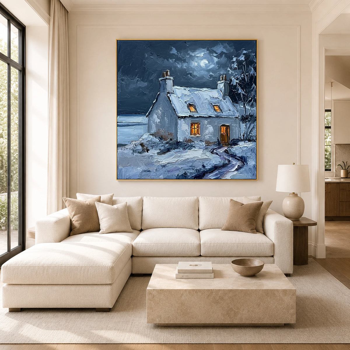 Winter Window Glow - sunlit living room - textured impasto artwork