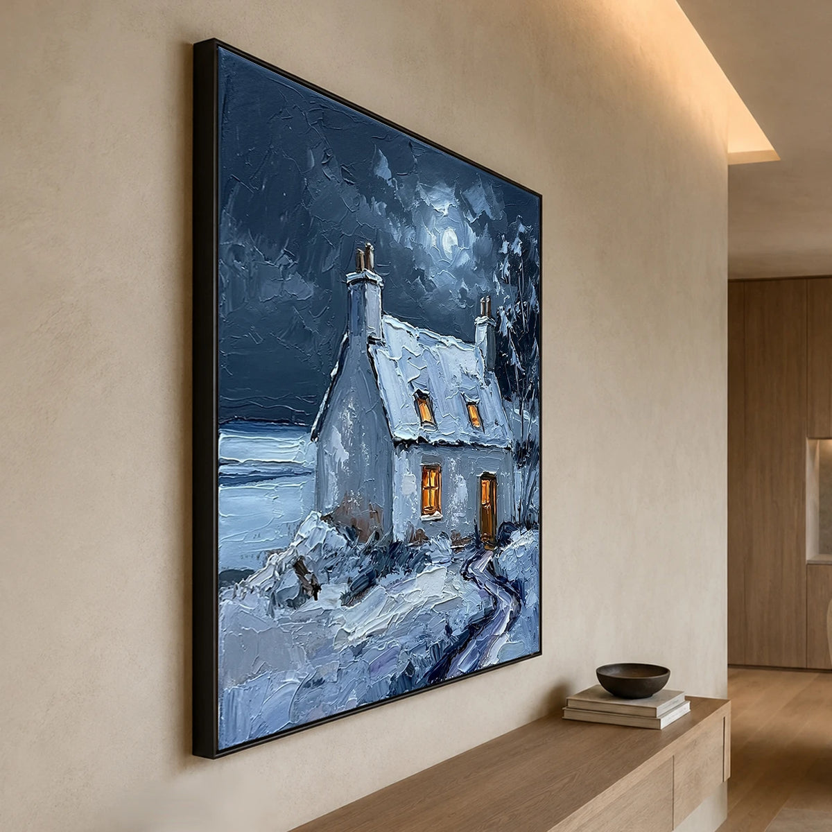 Winter Window Glow - opposite side view - textured impasto artwork