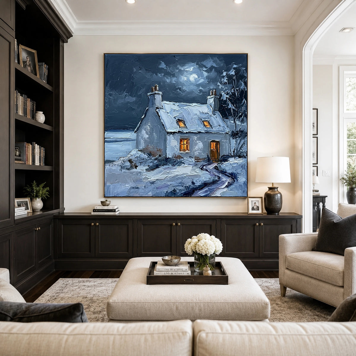 Winter Window Glow - library lounge - textured impasto artwork